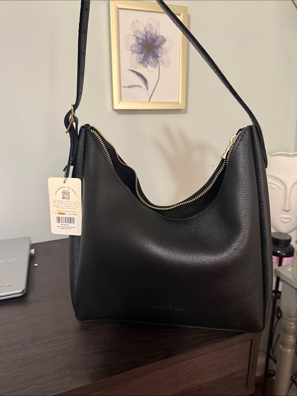 Black Portland Leather MEDIUM ASPEN Shoulder Bag with Gold Hardware- premium